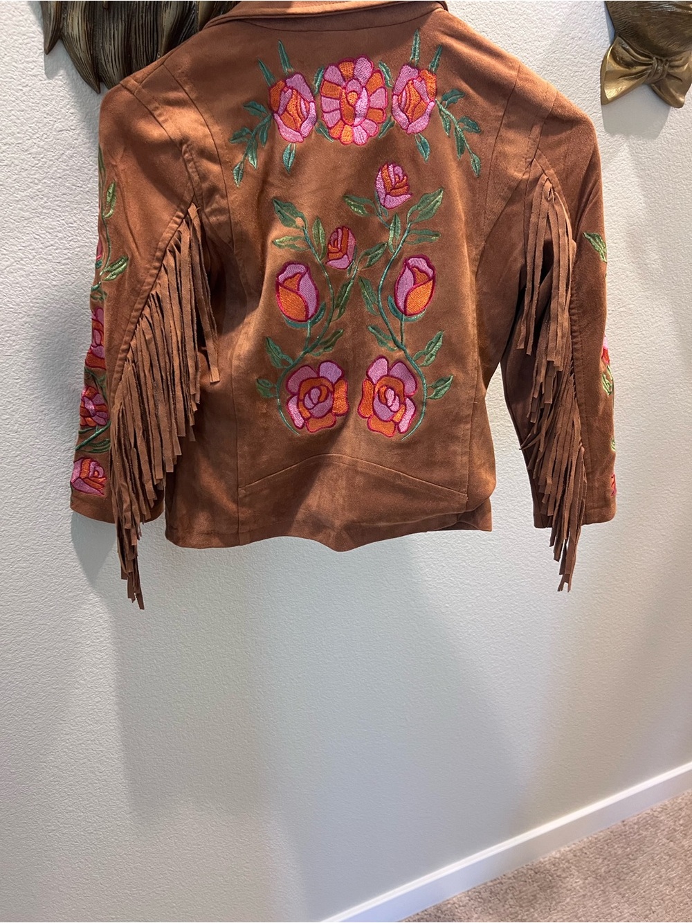 Embroidered Fringe Suede Jacket - Brown with Pink Floral Girls Size 8
